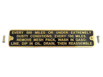 Linkert Brass Air Cleaner Instruction Tag