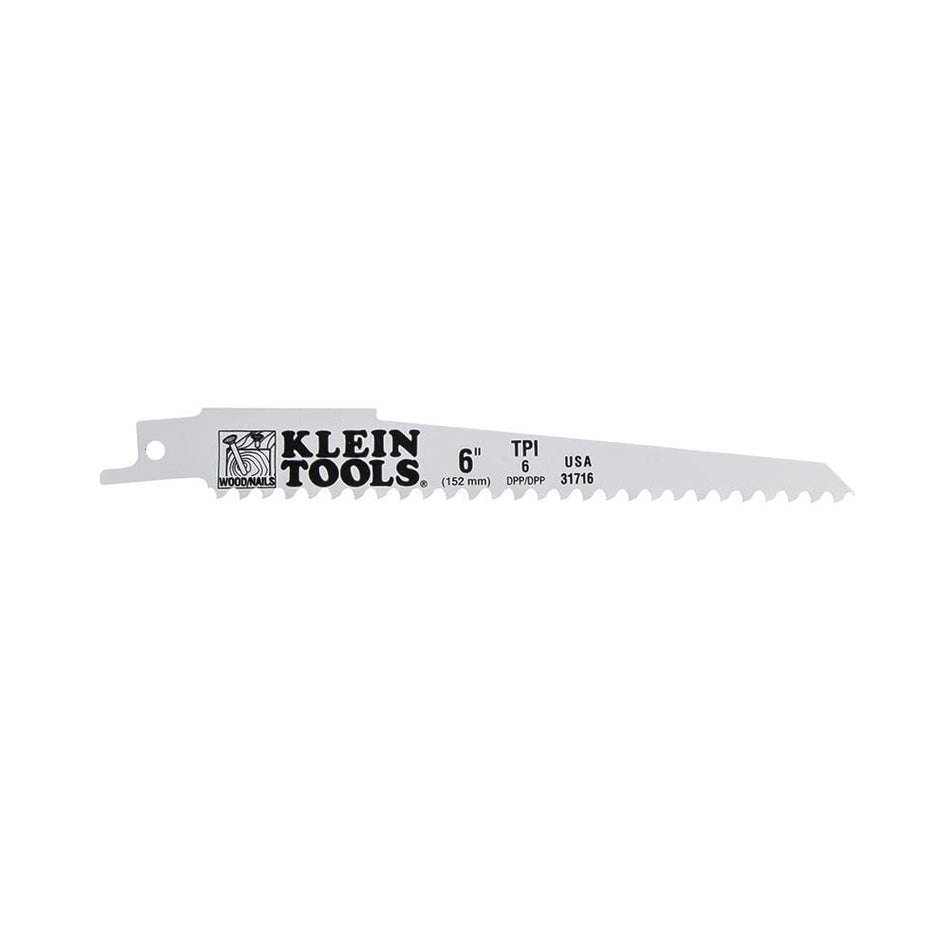 Klein Tools 31716 Bi-Metal Reciprocating Saw Blade for General Rough-In and Wood with Nails, Made in USA, 6 TPI, 6-Inch, 5-Pack