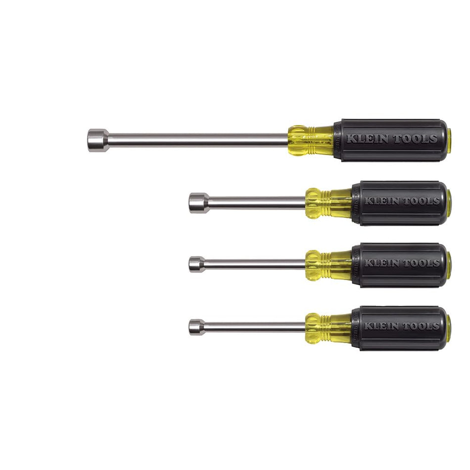 Klein Tools 633 Tool Set, Made in USA, Nut Driver Set with Driver Sizes 1/4, 5/16, 3/8, 9/16-Inch on 3-Inch Full Hollow Shaft, w/Cushion Grips, 4-Piece