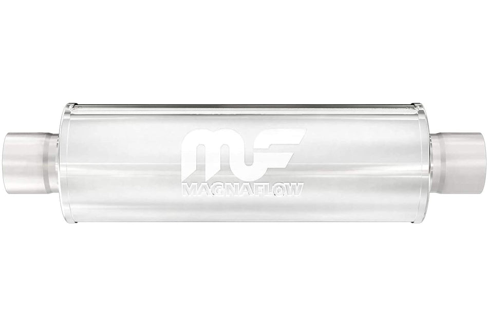 MagnaFlow 7in Round Center/Center Performance Muffler 12774 - Straight-Through, 5in Inlet/Outlet Diameter, 24in Body Length, 30in Overall Length, Satin Finish - Classic Deep Exhaust Sound