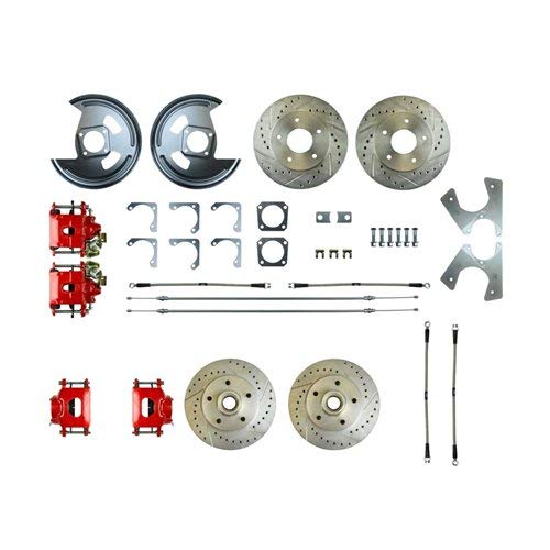 The Right Stuff F70RD06Z Rear Brake Kit (w/Matching Front Slotted Rotors/Red Calipers And SS Hoseswith E-Brake)