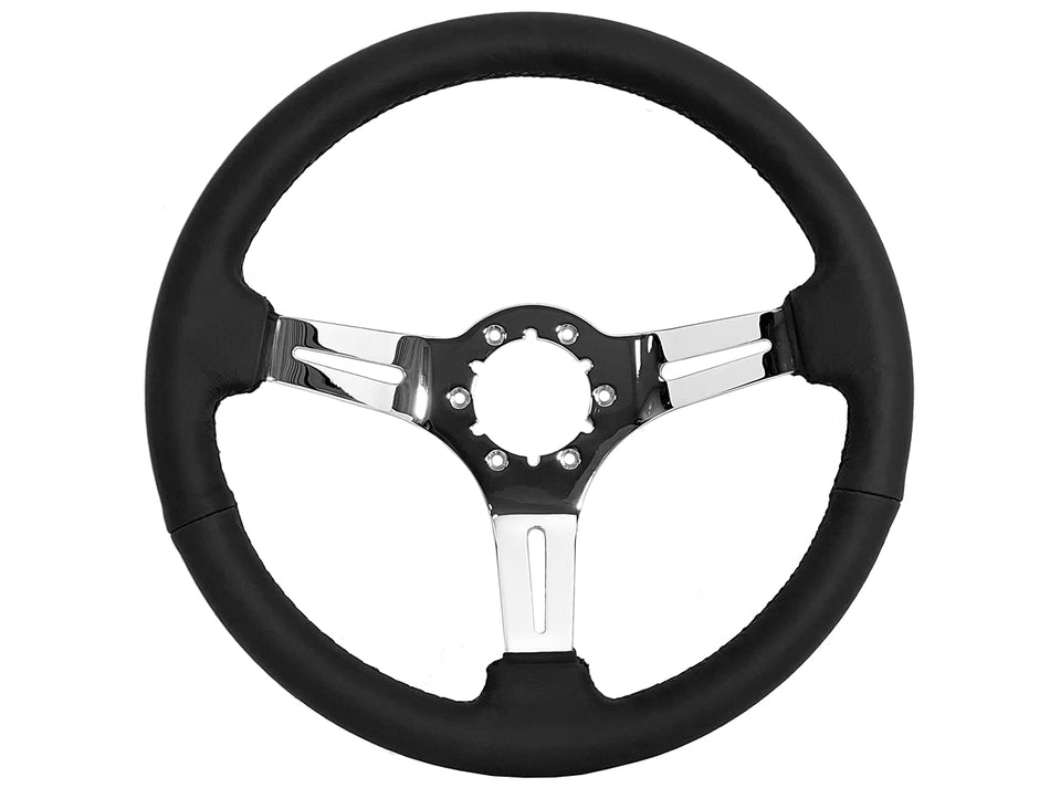 VSW S6 Steering Wheel, Black Leather 6 Bolt Chrome Slotted 3-Spoke ST3012BLK
