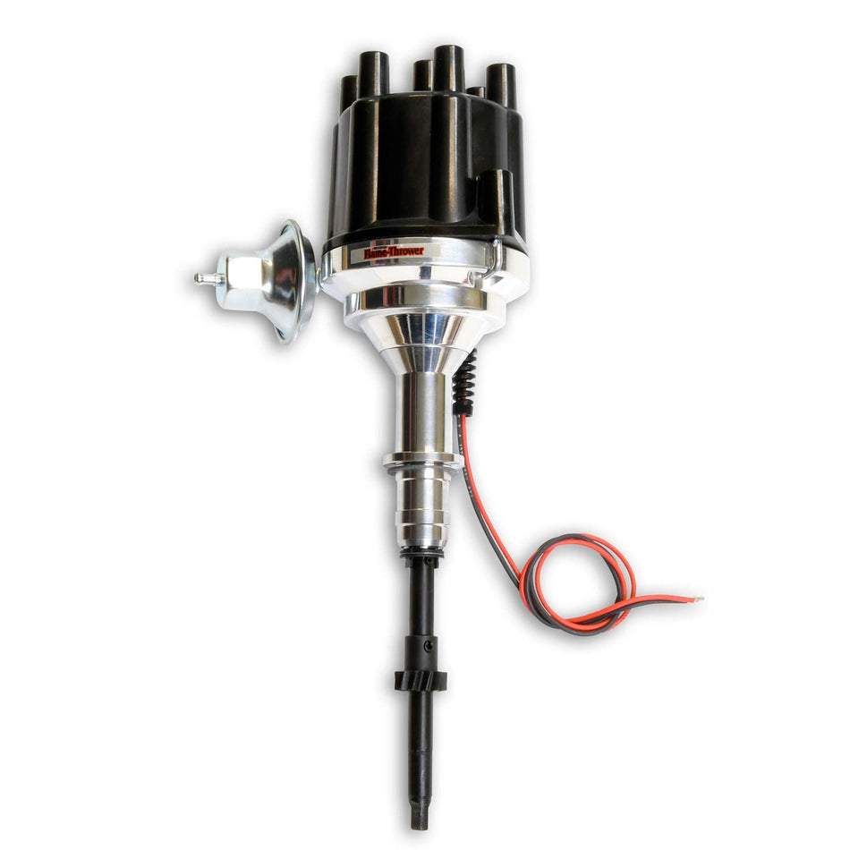 PERTRONIX FLAME-THROWER BILLET DISTRIBUTOR WITH IGNITOR ELECTRONICS FOR CHEVY CORVAIR VACUUM ADVANCE WITH BLACK FEMALE STYLE CAP.