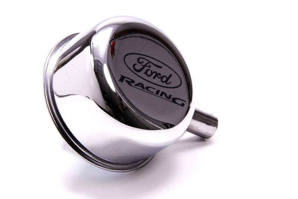 Breather, Push-In, Round, 1-1/4 in Hole, 3/8 in Hose Evacuation Fitting, Ford Racing Logo, Steel, Chrome, Each
