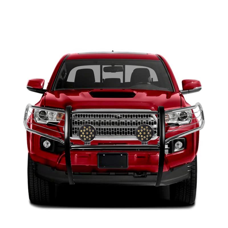 Black Horse Grille brush Bumper Guard Modular Stainless Steel Come With pair of 7.0Dia.LED Lights with Black Trim Rings Compatible with 2016-2023 Toyota Tacoma-17A096402MSS-PLB
