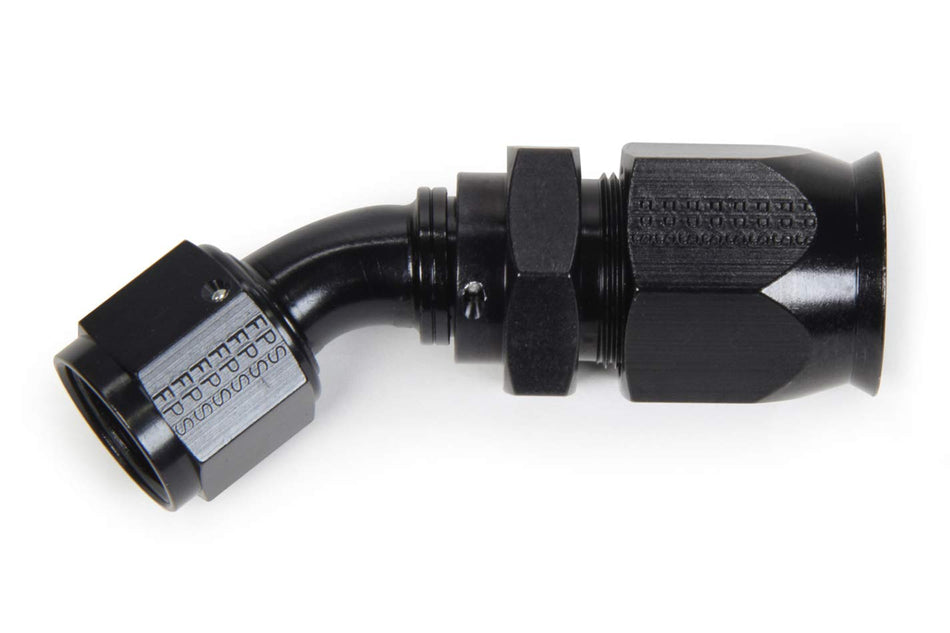 Fitting, Hose End, Race-Rite, PTFE Hose, 45 Degree, 12 an Hose to 12 an Female, Swivel, Aluminum, Black, Each