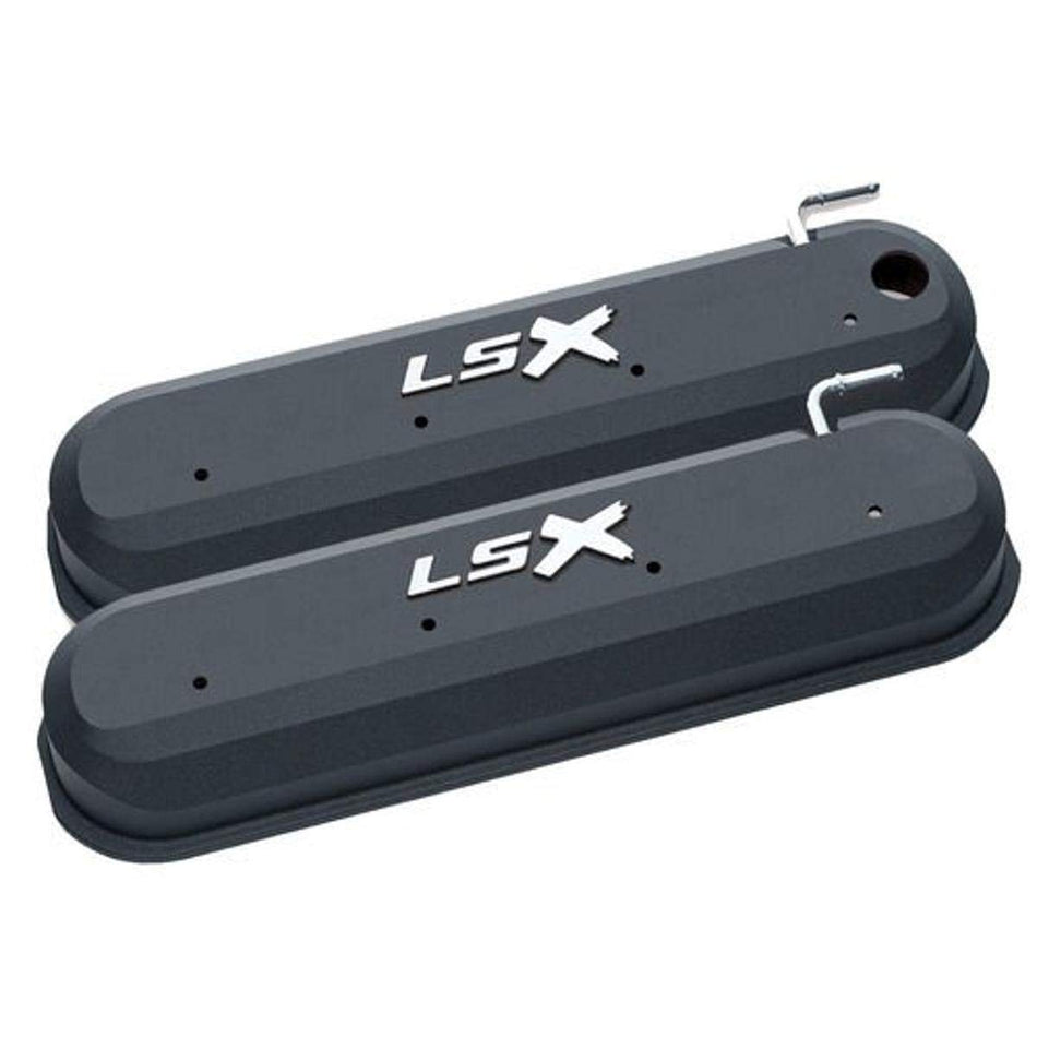 Pro Form Valve Cover, Slant-Edge, Tall, Baffled, Breather Hole, Raised LSX Logo, Aluminum, Black, GM LS-Series, Pair