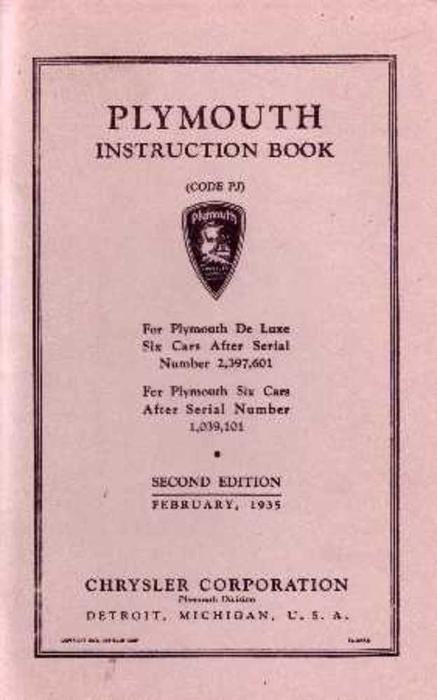 bishko automotive literature 1935 Plymouth Six Owners Manual User Guide Reference Operator Book Fuses Fluids