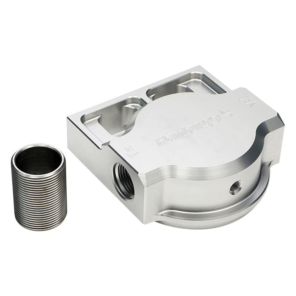 HAMBURGER'S PERFORMANCE - SINGLE REMOTE OIL FILTER BASE; FITS HP6; FLOWS LEFT TO RIGHT- BILLET ALUMINUM (3402)
