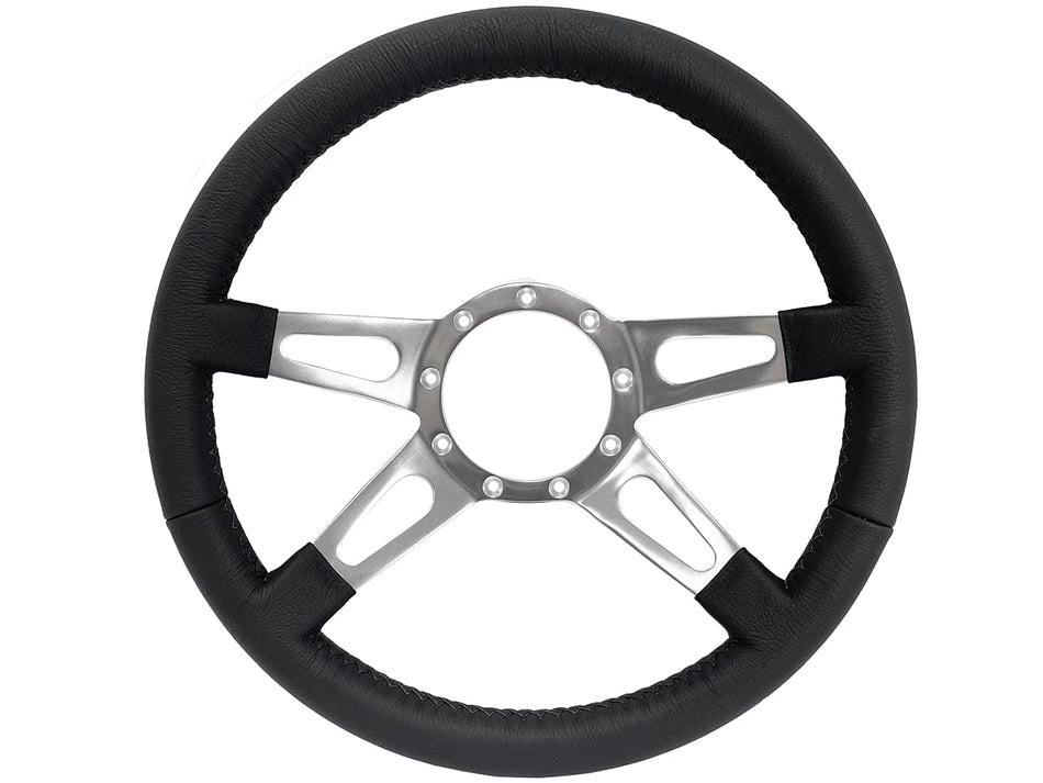 VSW S9 Premium Steering Wheel, Black Leather 9 Bolt Slotted 4-Spoke ST3070