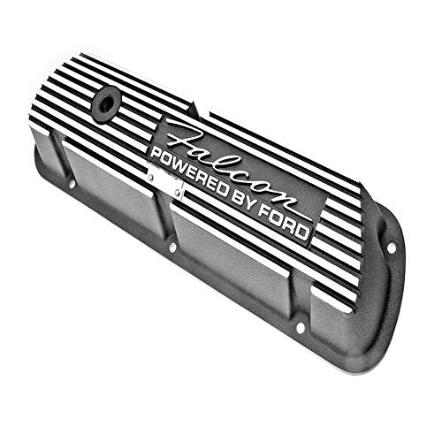 Scott Drake Aluminum Valve Covers with Official Falcon Script & Powered by Ford Lettering in a Silver Powder Coated Finish, Compatible with 1960-1972 Ford Falcon, Model 6A582-F