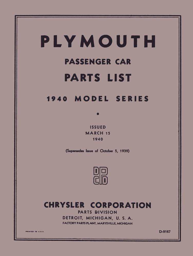 bishko automotive literature 1940 Plymouth Parts Numbers Book List Guide Catalog Interchange Drawing Factory