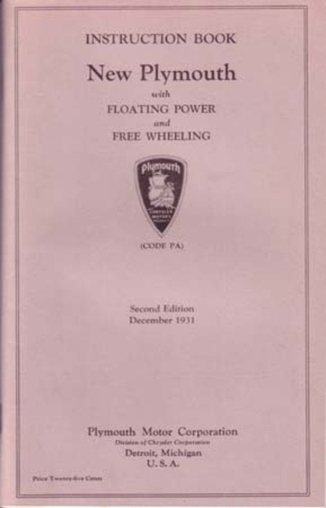 bishko automotive literature 1931 Plymouth Pa Code Instruction Owners Manual User Guide Operator Book Fuses
