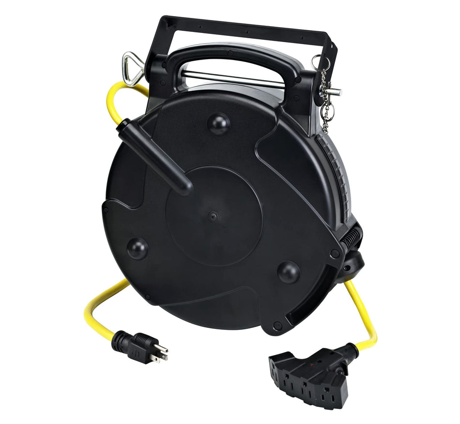 Alert ProReel Professional Grade ProReel 8665TFQ Heavy Duty Retractable Extension Cord Reel | 65 Foot 12/3 SJTOW 15 Amp Quad-Tap Industrial Cord | Four 5-15R Receptacles with Power On Indicator