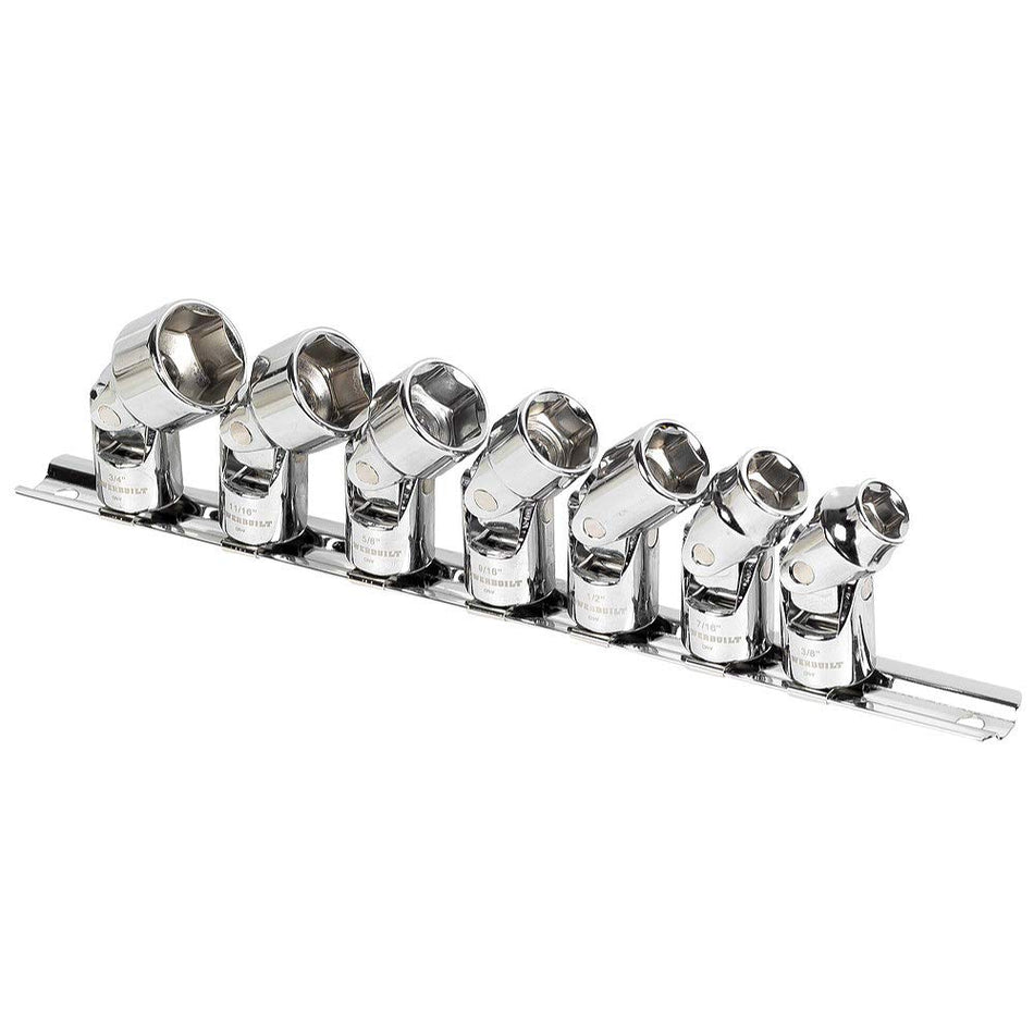 Powerbuilt Universal Joint Socket Set, SAE 7 Piece 3/8-Inch Drive, 6 Point, 360 Degree Rotation 40 Degree Working Angle, Storage Rail - 642163