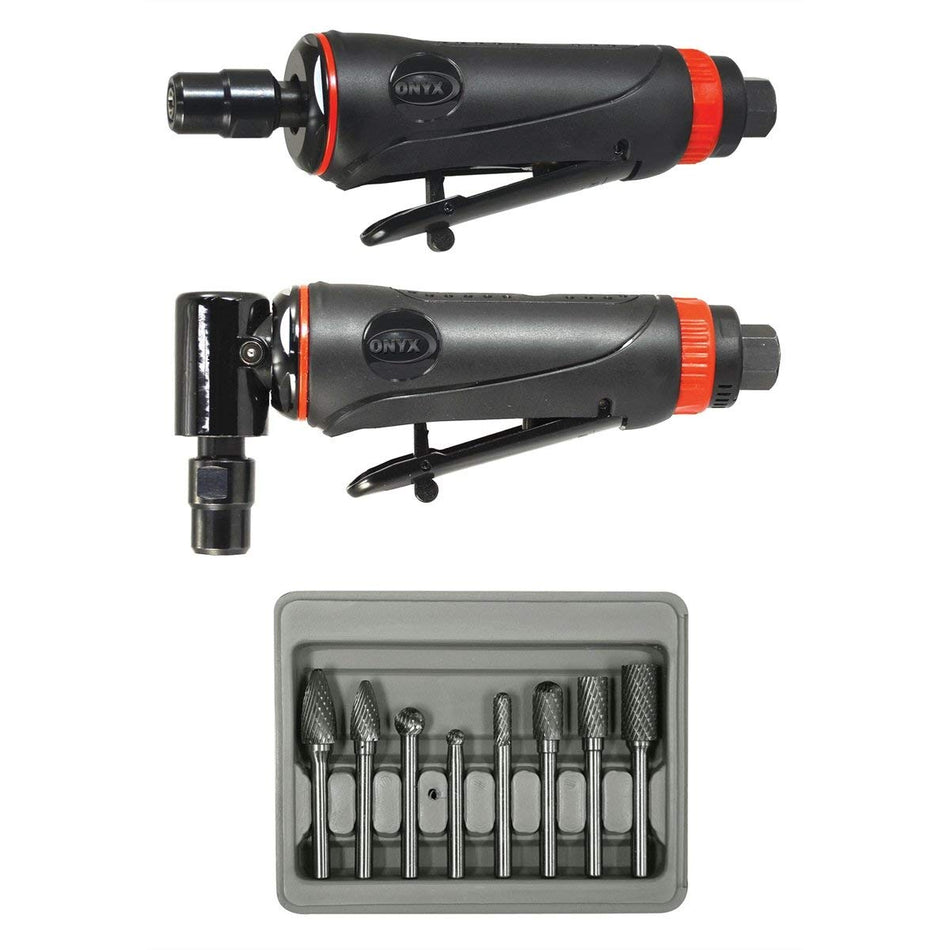 Astro Pneumatic Tool 219 ONYX 3pc Die Grinder Kit w/ 90������ Die Grinder, Die Grinder & 8pc Double Cut Carbide Rotary Burr Set
