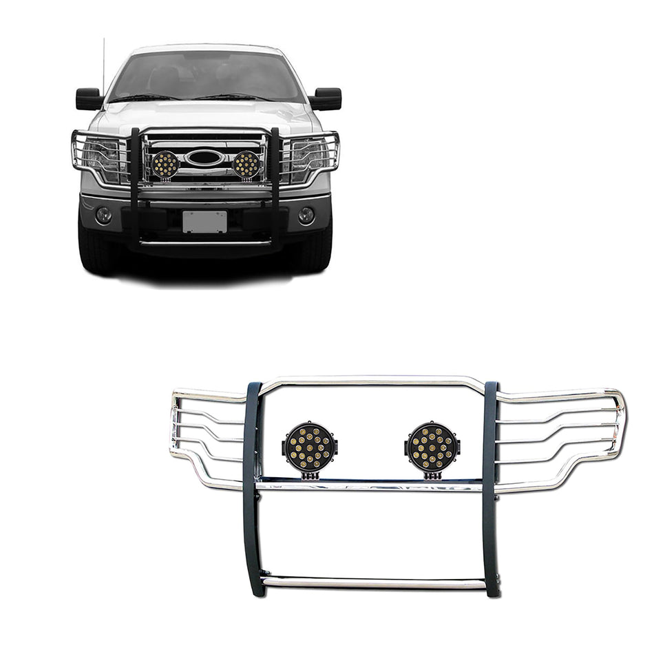 Black Horse Grille brush Bumper Guard Modular Stainless Steel Come With pair of 7.0Dia.LED Lights with Black Trim Rings Compatible with 2009-2014 Ford F-150-17FP30MSS-PLB