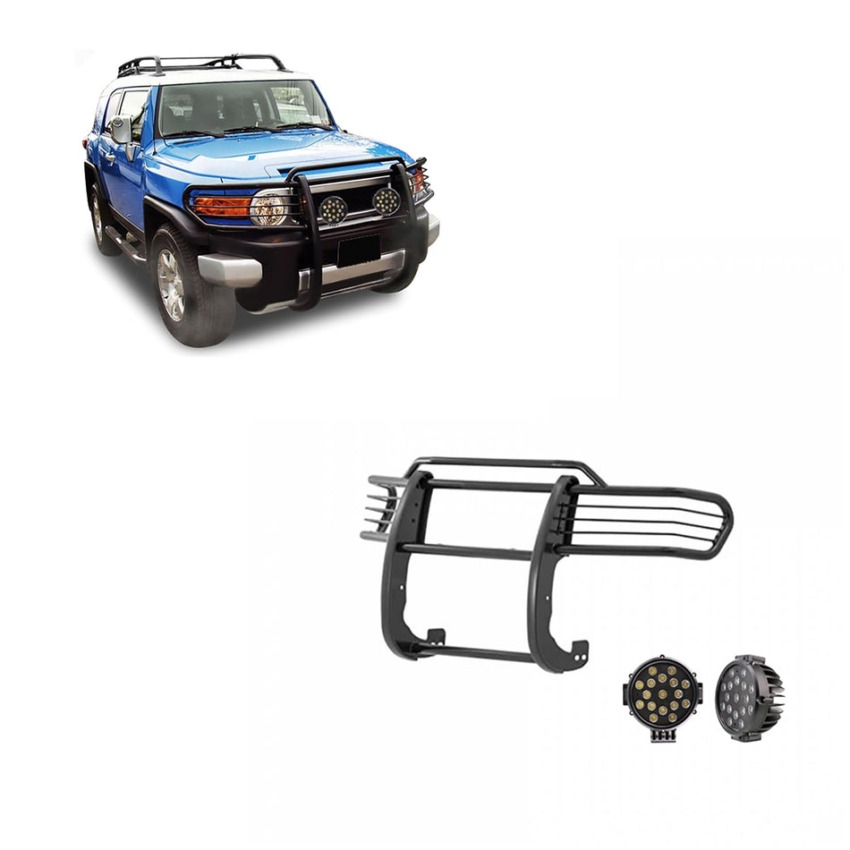 Black Horse Grille Brush Bumper Guard Modular Black Come with Pair of 7.0 Dia.LED Lights with Black Trim Rings Compatible with 2007-2014 Toyota FJ Cruiser-17A098600MA-PLB