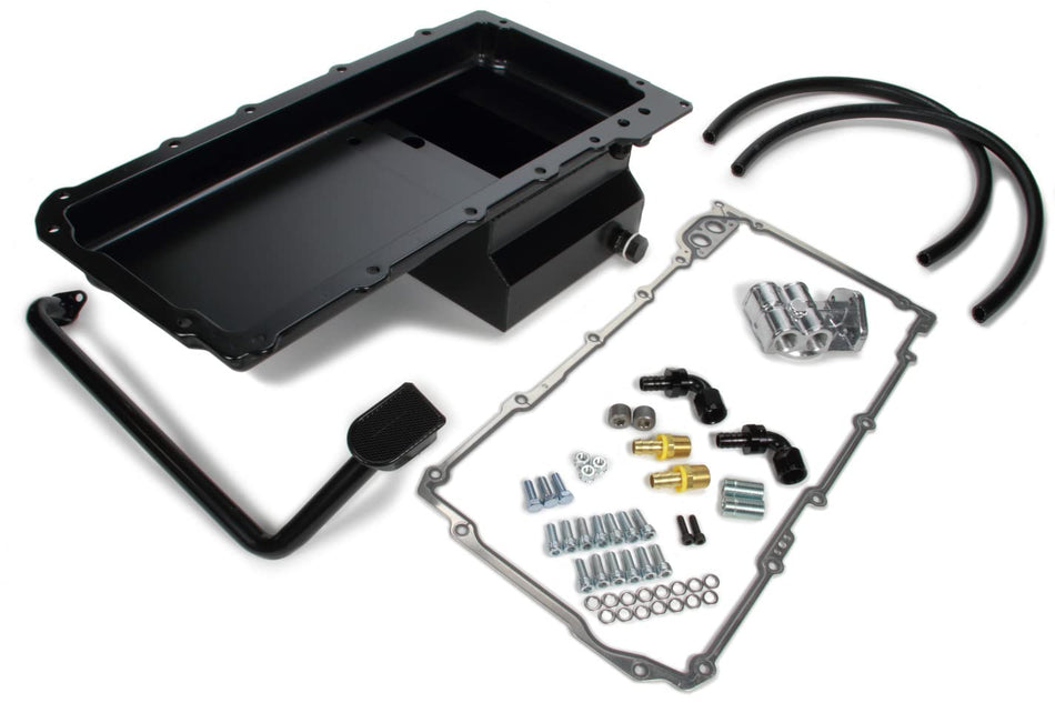 TRANS-DAPT PERFORMANCE - LS SWAP OIL PAN/FILTER REOCATION KIT; SINGLE FILTER; HORIZONTAL PORT; BLACK PAN (0181)