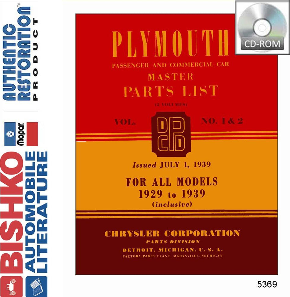 bishko automotive literature 1929 1936 1937 1938 1939 Plymouth Part Numbers Book CD List Guide Interchange
