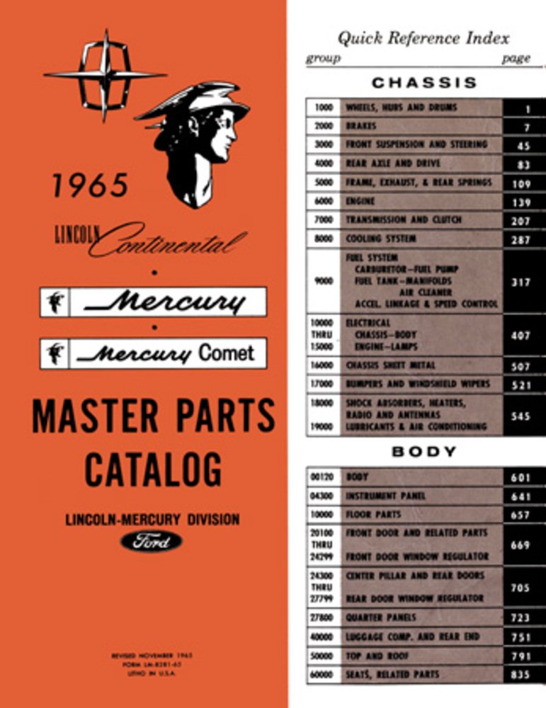 bishko automotive literature 1965 Lincoln Mercury Parts Numbers Book List Guide Catalog Interchange Drawings