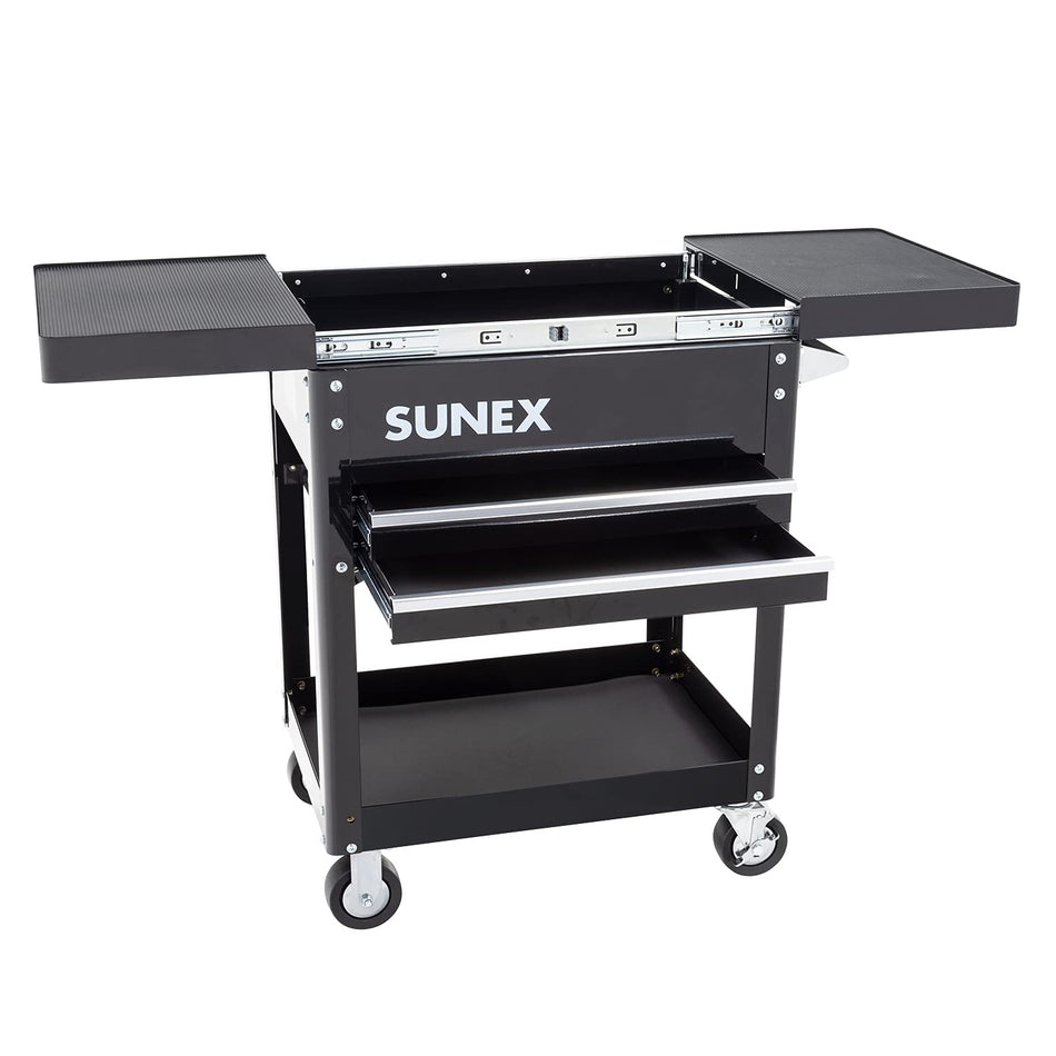 Sunex 8035 Black Compact Slide Utility Cart, Locking Slide Top, Swivel/Locking Casters, 18 Gauge Steel, Latching Drawers, 450-Pound Capacity