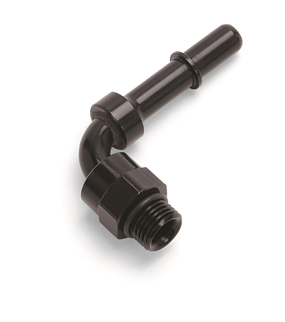 Edelbrock 644063 Adapter Fitting 3/8 Sae Quick DiSConnect Male To #8 Sae Port Male Swivel End 90 Deg Blk Anodized