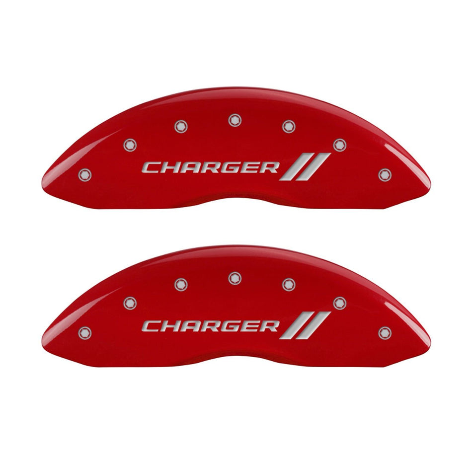 MGP Caliper Covers 12088SCH1RD 'Charger ll' Engraved Caliper Cover with Red Powder Coat Finish and Silver Characters, (Set of 4)