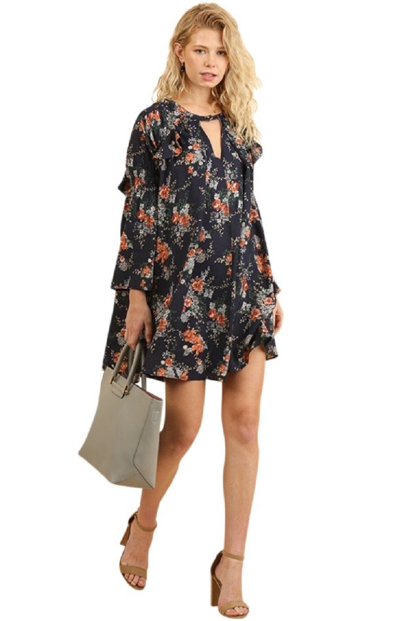 Umgee USA Boho Floral Print Hippie Dress Tunic with Keyhole Neckline and Bell Sleeves (Large, NAVY MIX G1210)