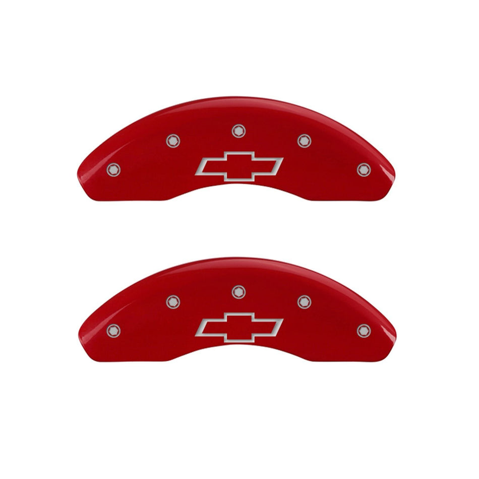 MGP Caliper Covers 14224SBOWRD 'Bowtie' Engraved Caliper Cover with Red Powder Coat Finish and Silver Characters, (Set of 4)