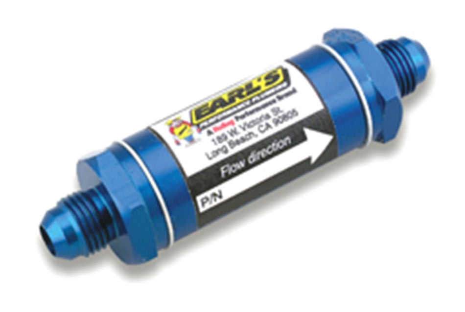 Earl's Performance 230104ERLP Aluminum In-Line Fuel Filter Size: -4AN Male to -4AN Male 240 GPH 35 Micron Sintered Bronze Element Anodized Blue Clamshell Packaging Aluminum In-Line Fuel Filter