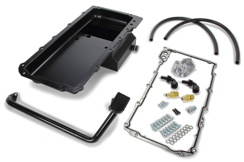 TRANS-DAPT PERFORMANCE - LS SWAP OIL PAN/FILTER REOCATION KIT; SINGLE FILTER; VERTICAL PORT; BLACK PAN (0180)
