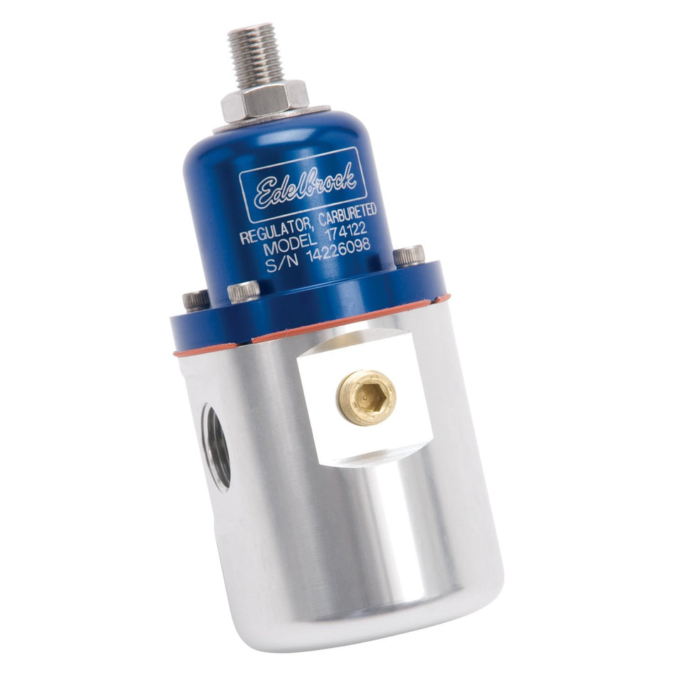 Edelbrock 174122 Fuel Pressure Regulator Carbureted 160 GPH 5-10 PSI 3/8 in. Inlet/Outlet Returnless Blue/Clear Fuel Pressure Regulator