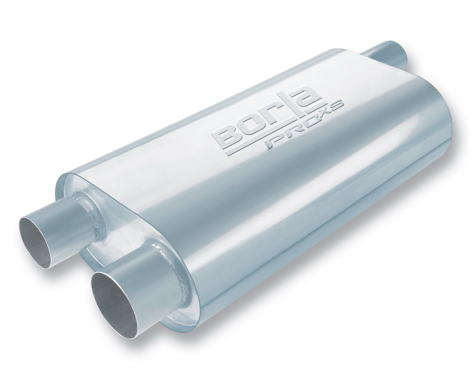 BORLA 40477 Specialty Muffler - Transverse Flow Single 2.5" Offset In/Dual 2.5" Offset Out (Originally for GM F-Body) 6"x10.25" Oval x 19" Long Body 24" OAL. Universal. Reversible. Un-Notched.