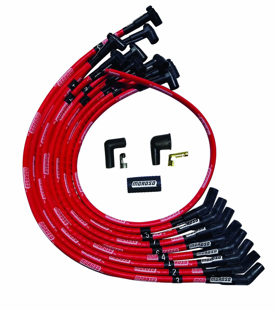 Moroso 52527 Ultra Series Red Sleeved Spark Plug Wires, Small Block Chevy, Over Valve Cover Routing, 135 Degree Plug Ends, HEI Distributor
