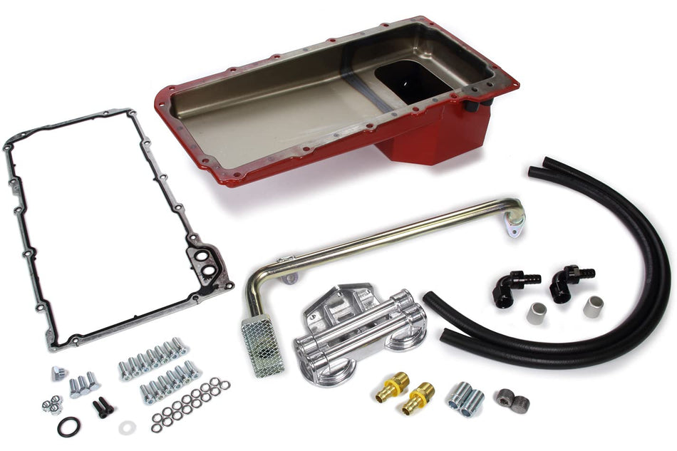 TRANS-DAPT PERFORMANCE - LS SWAP OIL PAN/FILTER REOCATION KIT; DOUBLE FILTER; HORIZONTAL PORT, RED PAN (0177)