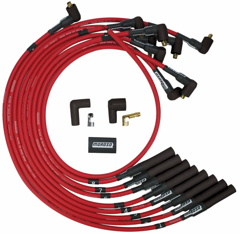 Moroso 73687 Red Ultra 40 Spark Plug Wire Set, Fits Big Block Chevy Over Valve Cover, Non HEI Distributor