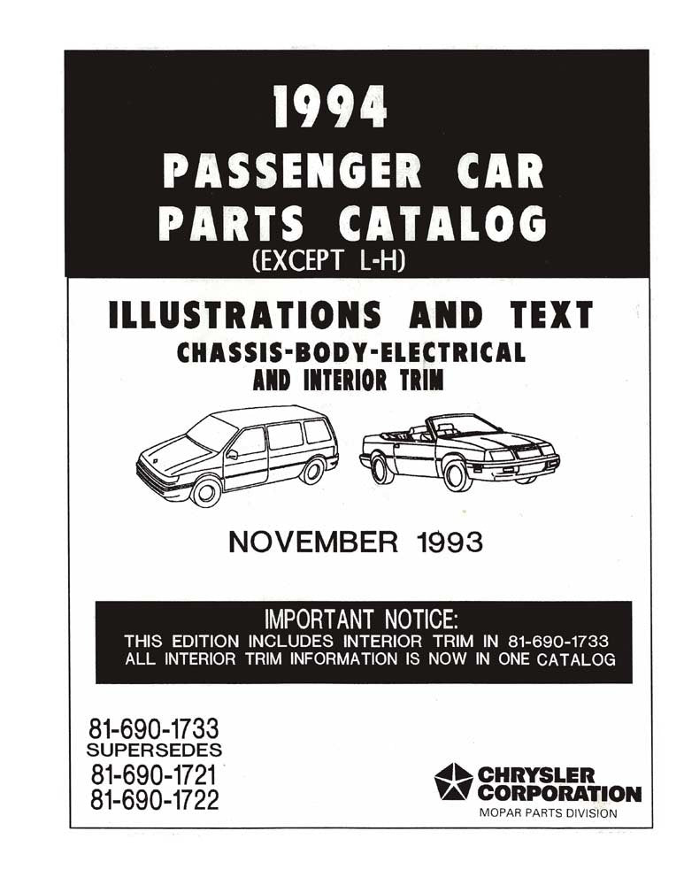 bishko automotive literature 1994 Mopar Chrysler Dodge Plymouth Parts Numbers Book Guide Catalog Interchange