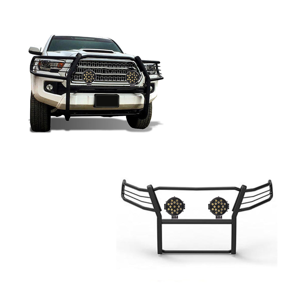 Black Horse Grille brush Bumper Guard Modular Black Come With pair of 7.0Dia.LED Lights with Black Trim Rings Compatible with 2016-2023 Toyota Tacoma-17A096402MA-PLB