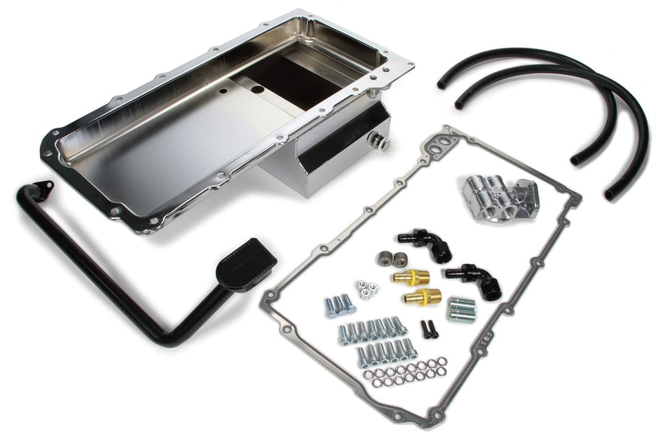 TRANS-DAPT PERFORMANCE - LS SWAP OIL PAN/FILTER REOCATION KIT; SINGLE FILTER; VERTICAL PORT; CHROME PAN (0183)