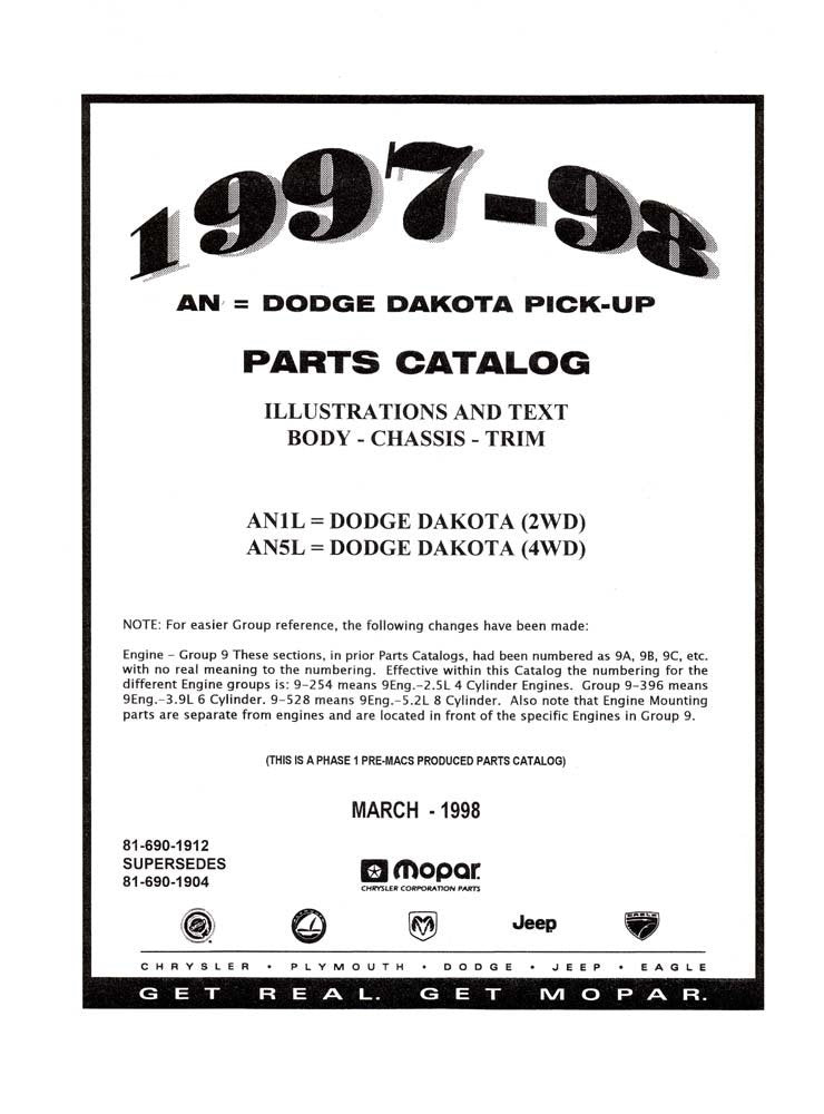 bishko automotive literature 1997 1998 Dodge Dakota Part Numbers Book List Interchange Drawings
