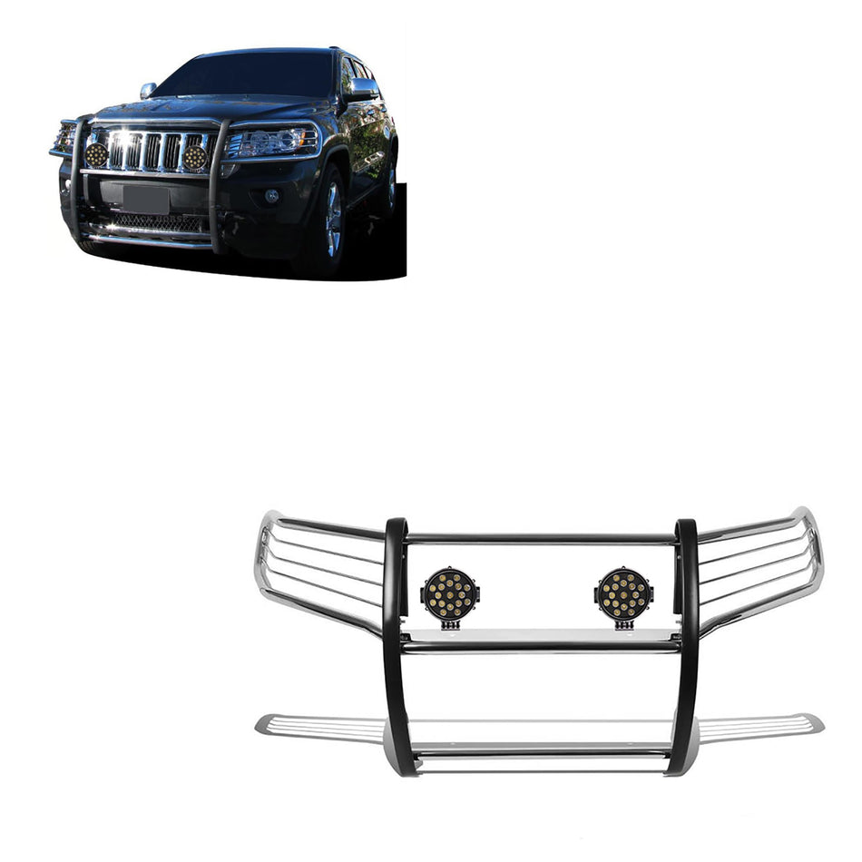 Black Horse Grille brush Bumper Guard Modular Stainless Steel Come With pair of 7.0Dia.LED Lights with Black Trim Rings Compatible with 2011-2021 Jeep Grand Cherokee-17A080202MSS-PLB