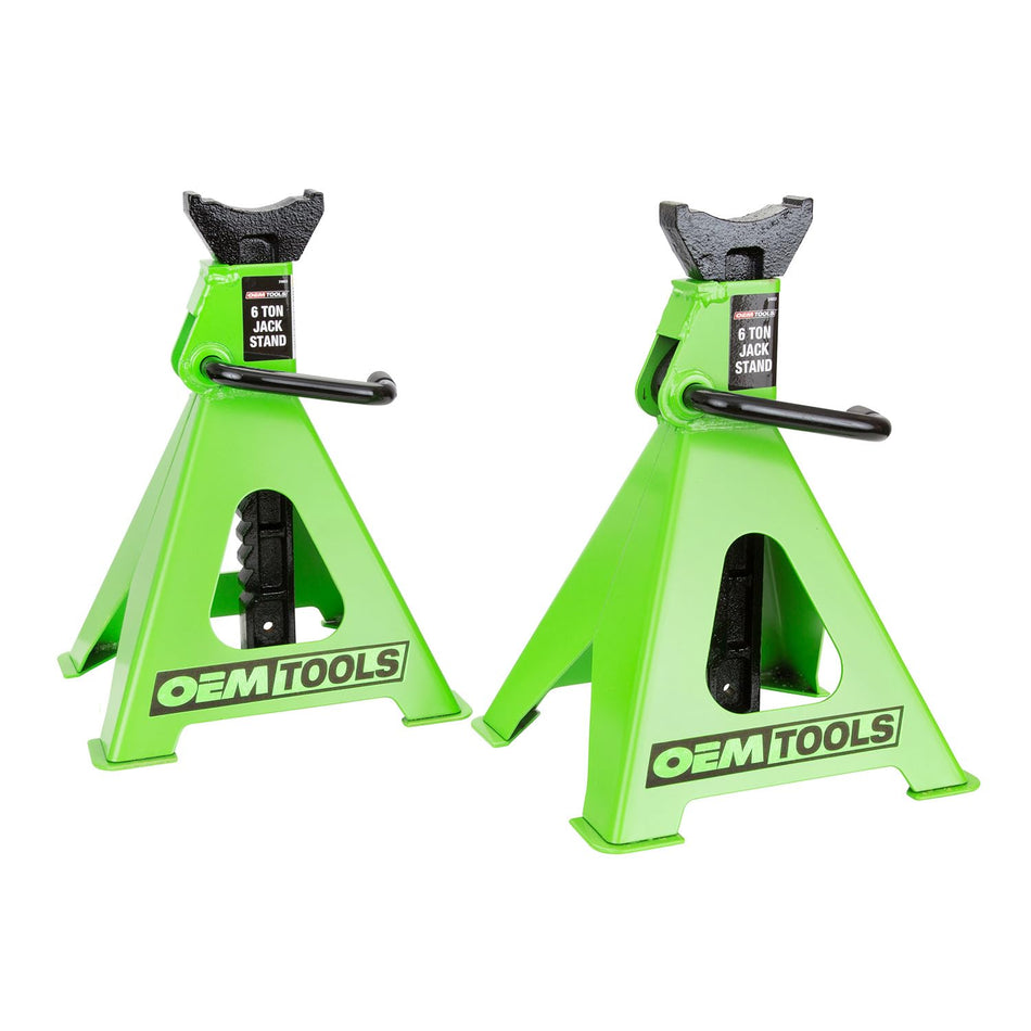OEMTOOLS 24853 6 Ton Jack Stands (Pair) | Self-Locking Ratchet for Quick Adjustments | Broad Saddle Heads for Extra Hold | Large Footpads Donu2019t Sink | Max Height of 24-3/8 Inch | Green Car Tool