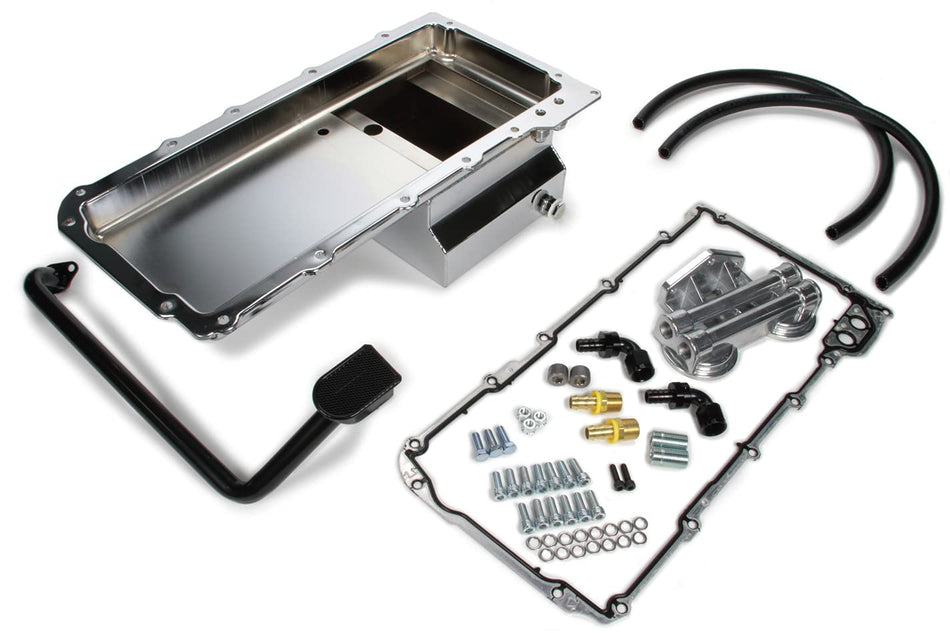 TRANS-DAPT PERFORMANCE - LS SWAP OIL PAN/FILTER REOCATION KIT; DOUBLE FILTER; HORIZONTAL PORT; CHROME PAN (0185)