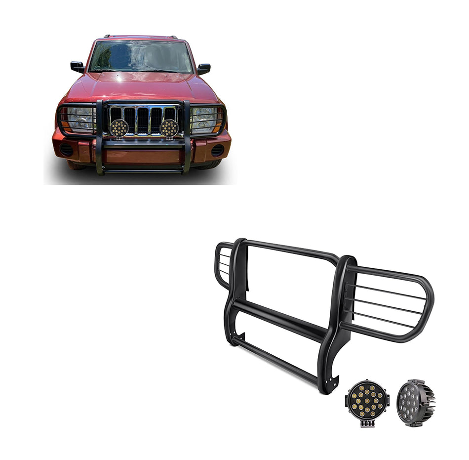Black Horse Grille brush Bumper Guard Modular Black Come With pair of 7.0Dia.LED Lights with Black Trim Rings Compatible with 2006-2010 Jeep Commander-17A081000MA-PLB