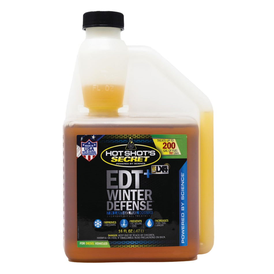 Hot Shot's Secret EDT+ Winter Defense - 16 Oz Squeeze, 7-in-1 Anti-Gel Fuel Booster u2013 Winter Diesel Fuel Treatment - Boosts Cetane u2013 Adds Lubricity - Protects Fuel System