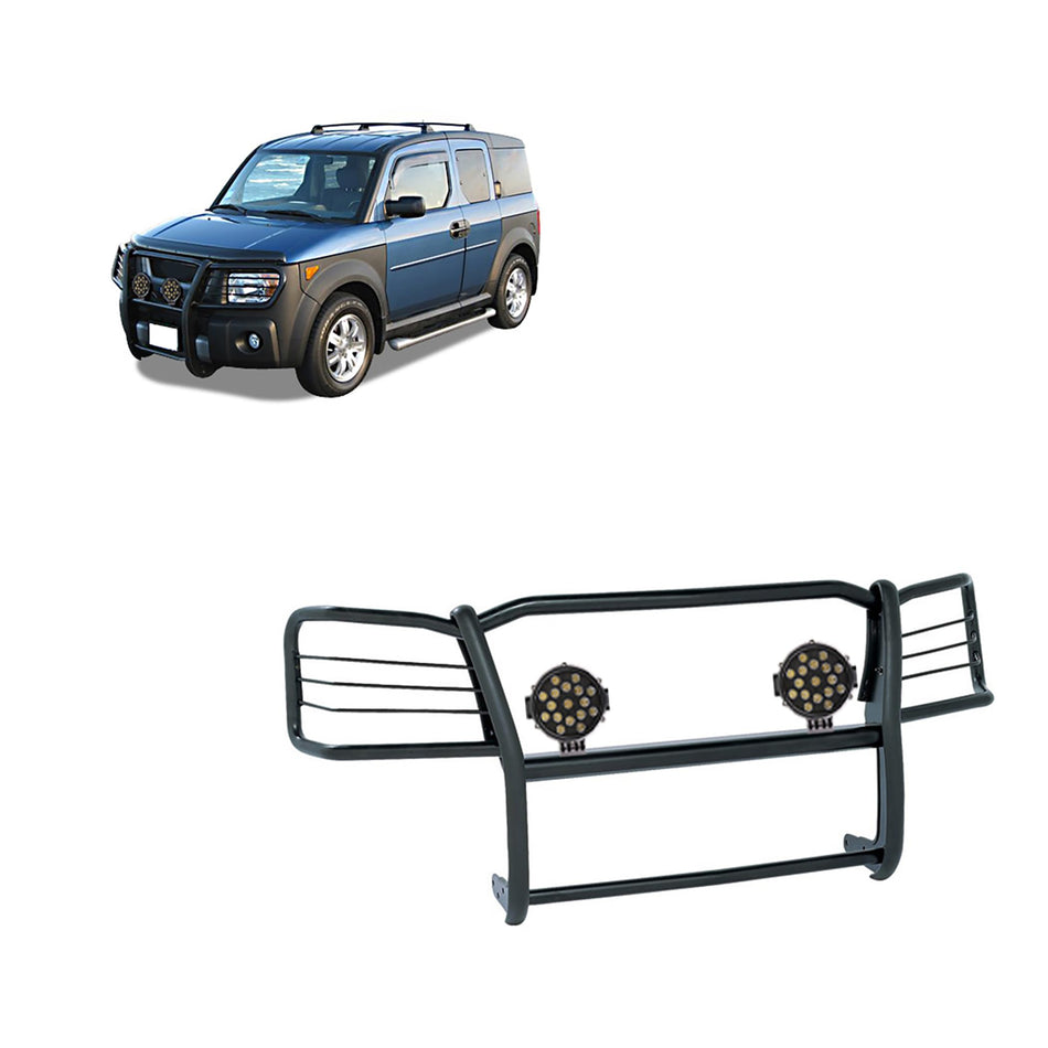 Black Horse Grille brush Bumper Guard Modular Black Come With pair of 7.0Dia.LED Lights with Black Trim Rings Compatible with 2003-2008 Honda Element-17A155900MA-PLB