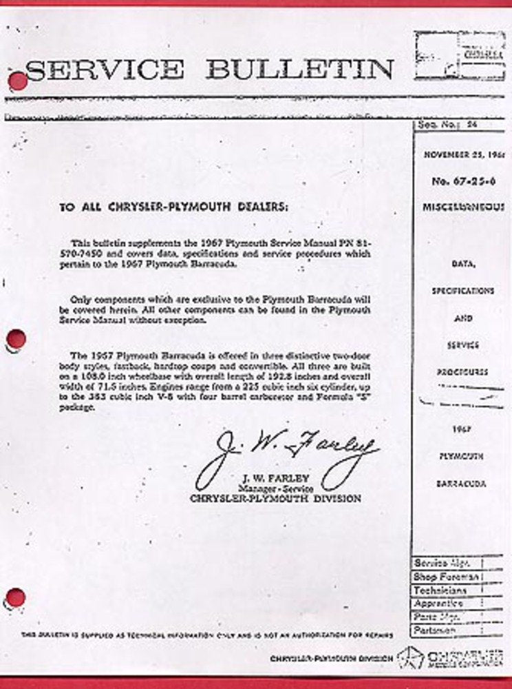 bishko automotive literature 1967 Plymouth Barracuda Shop Service Repair Bulletin Manual Book OEM