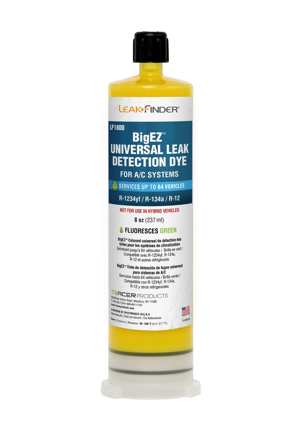 LEAKFINDER LF1800 BIGEZ Automotive Universal Air Conditioner Refrigerant Leak Detection Dye, Services R134a, R-1234yf Systems, (1) 8oz AC Fluorescent Dye Bottles, Made in USA