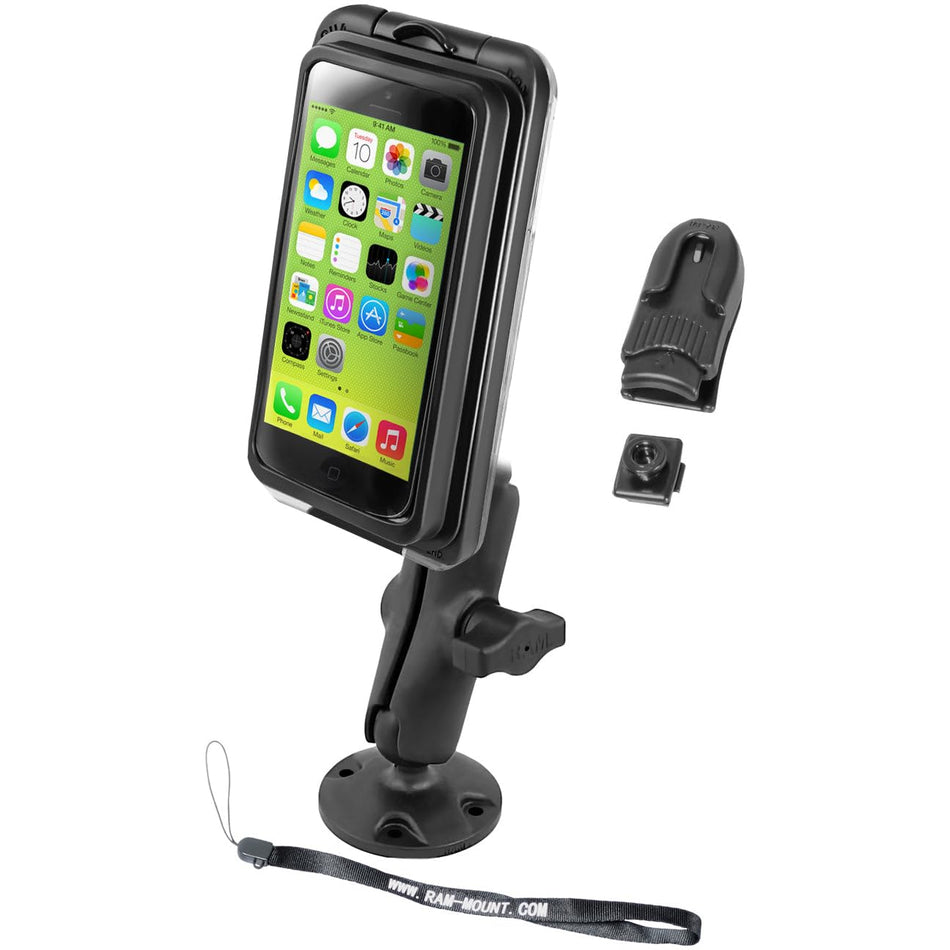 RAM MOUNTS (RAP-B-138-AQ7-2-I5 Composite Flat Surface Mount with Aqua Box Pro 20 I5 Case, Cradle Clip, Belt Clip, Belt Clip Button and Lanyard for The iPhone 5, 5C and 5S Without Case, Skin Or Sleeve